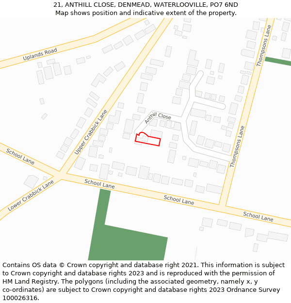 21, ANTHILL CLOSE, DENMEAD, WATERLOOVILLE, PO7 6ND: Location map and indicative extent of plot