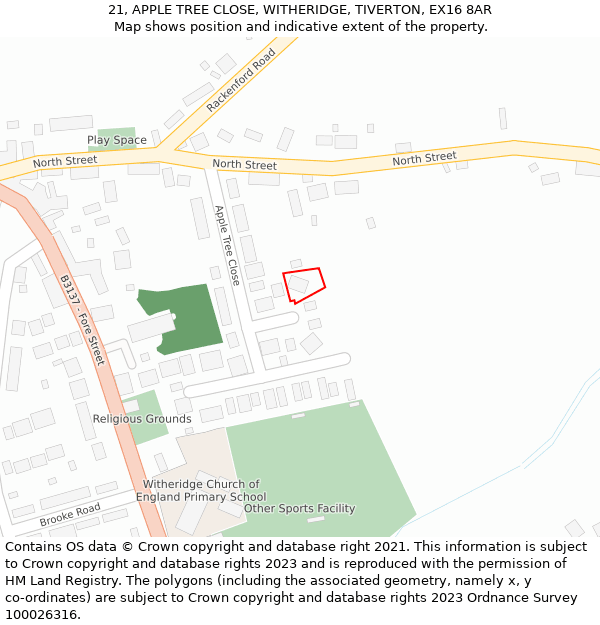21, APPLE TREE CLOSE, WITHERIDGE, TIVERTON, EX16 8AR: Location map and indicative extent of plot