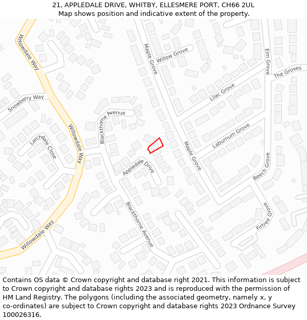 21, APPLEDALE DRIVE, WHITBY, ELLESMERE PORT, CH66 2UL: Location map and indicative extent of plot