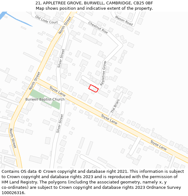 21, APPLETREE GROVE, BURWELL, CAMBRIDGE, CB25 0BF: Location map and indicative extent of plot