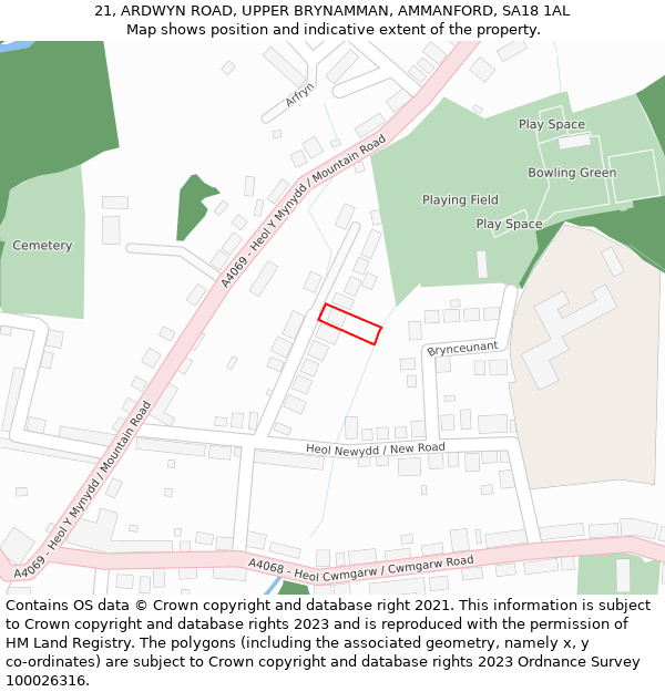 21, ARDWYN ROAD, UPPER BRYNAMMAN, AMMANFORD, SA18 1AL: Location map and indicative extent of plot