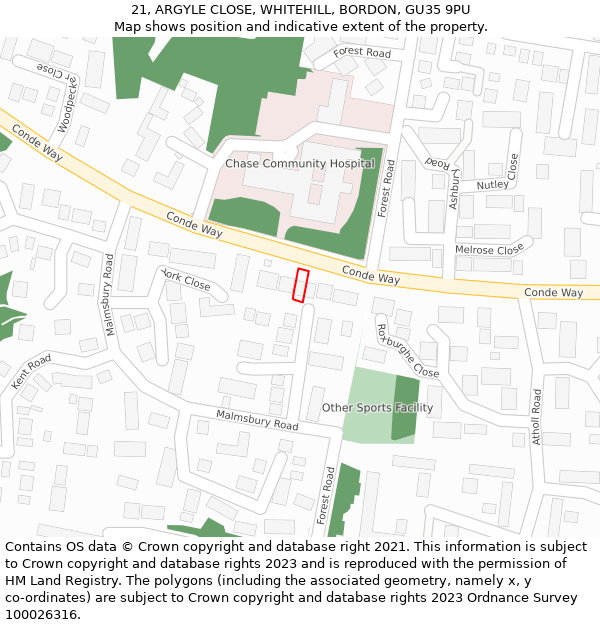 21, ARGYLE CLOSE, WHITEHILL, BORDON, GU35 9PU: Location map and indicative extent of plot