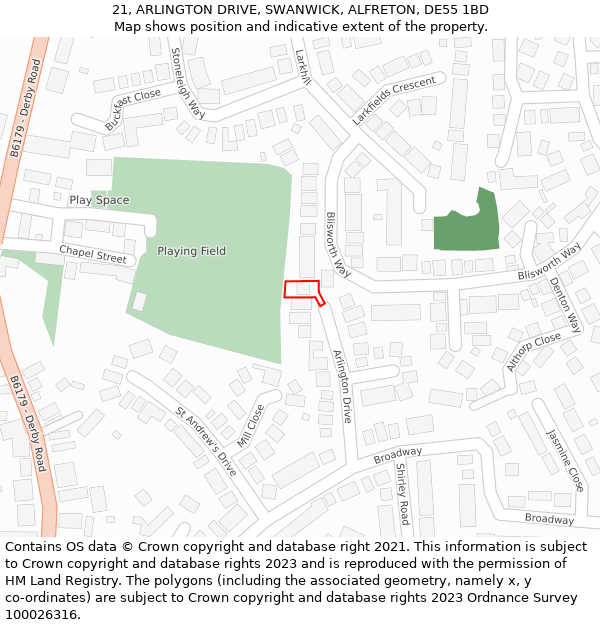 21, ARLINGTON DRIVE, SWANWICK, ALFRETON, DE55 1BD: Location map and indicative extent of plot