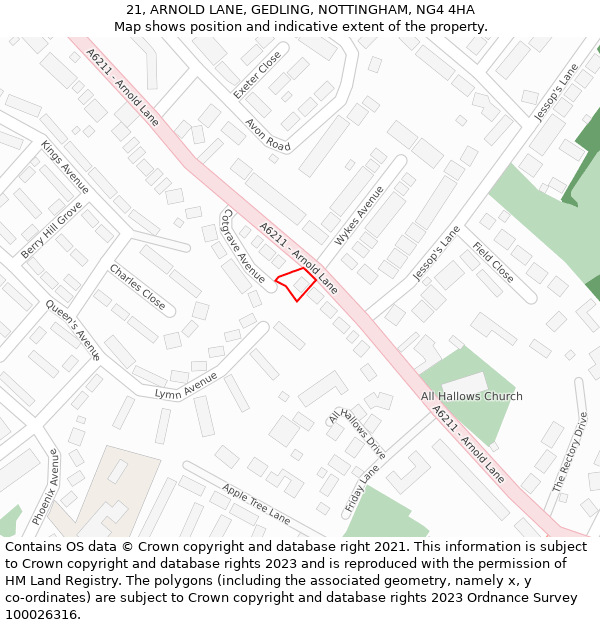 21, ARNOLD LANE, GEDLING, NOTTINGHAM, NG4 4HA: Location map and indicative extent of plot