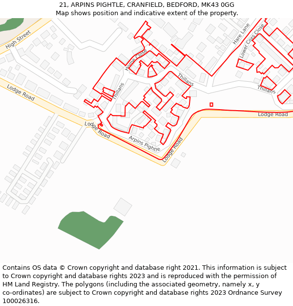 21, ARPINS PIGHTLE, CRANFIELD, BEDFORD, MK43 0GG: Location map and indicative extent of plot