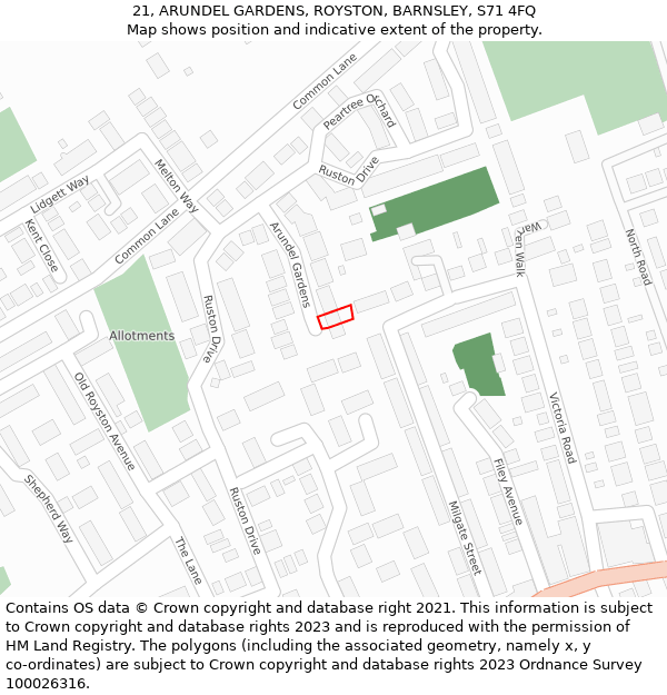 21, ARUNDEL GARDENS, ROYSTON, BARNSLEY, S71 4FQ: Location map and indicative extent of plot