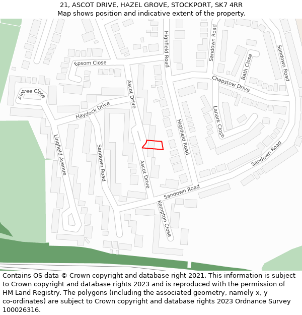 21, ASCOT DRIVE, HAZEL GROVE, STOCKPORT, SK7 4RR: Location map and indicative extent of plot