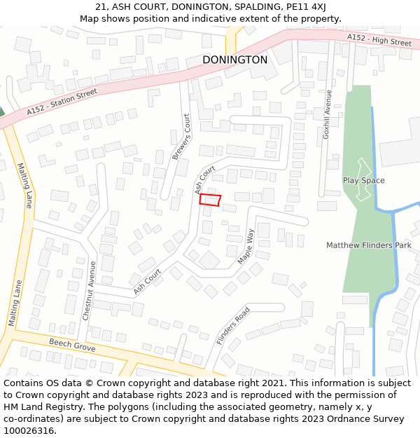 21, ASH COURT, DONINGTON, SPALDING, PE11 4XJ: Location map and indicative extent of plot