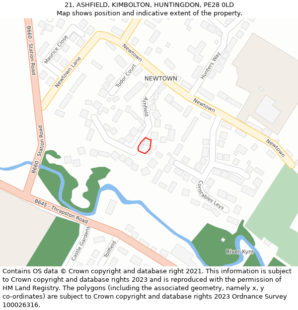 21, ASHFIELD, KIMBOLTON, HUNTINGDON, PE28 0LD: Location map and indicative extent of plot