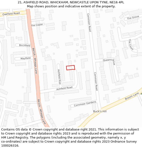 21, ASHFIELD ROAD, WHICKHAM, NEWCASTLE UPON TYNE, NE16 4PL: Location map and indicative extent of plot