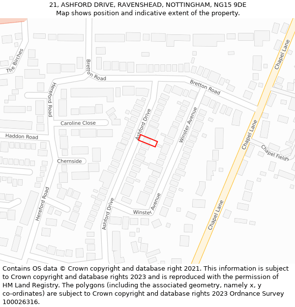 21, ASHFORD DRIVE, RAVENSHEAD, NOTTINGHAM, NG15 9DE: Location map and indicative extent of plot