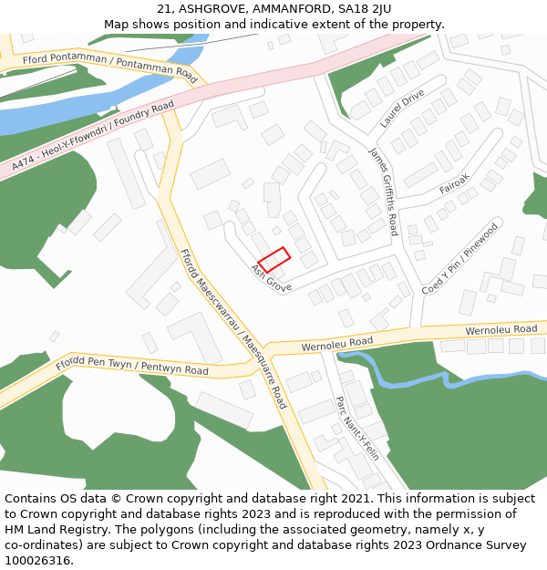 21, ASHGROVE, AMMANFORD, SA18 2JU: Location map and indicative extent of plot