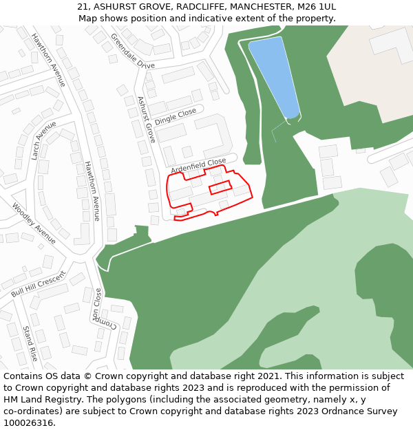 21, ASHURST GROVE, RADCLIFFE, MANCHESTER, M26 1UL: Location map and indicative extent of plot