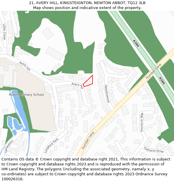 21, AVERY HILL, KINGSTEIGNTON, NEWTON ABBOT, TQ12 3LB: Location map and indicative extent of plot