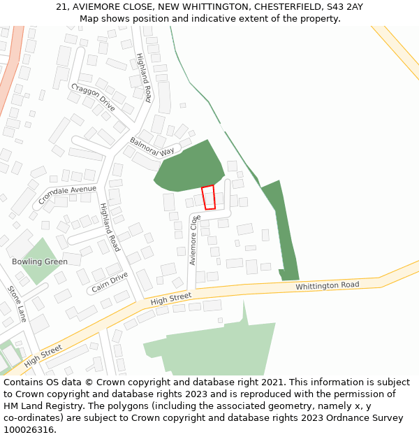 21, AVIEMORE CLOSE, NEW WHITTINGTON, CHESTERFIELD, S43 2AY: Location map and indicative extent of plot
