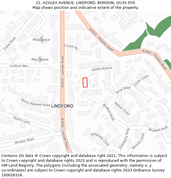 21, AZALEA AVENUE, LINDFORD, BORDON, GU35 0YD: Location map and indicative extent of plot