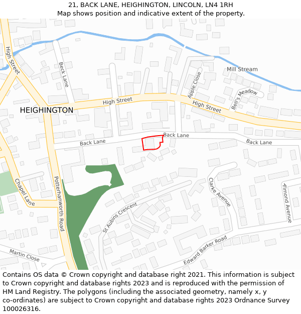 21, BACK LANE, HEIGHINGTON, LINCOLN, LN4 1RH: Location map and indicative extent of plot