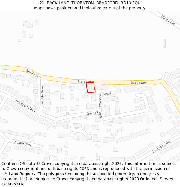 21, BACK LANE, THORNTON, BRADFORD, BD13 3QU: Location map and indicative extent of plot