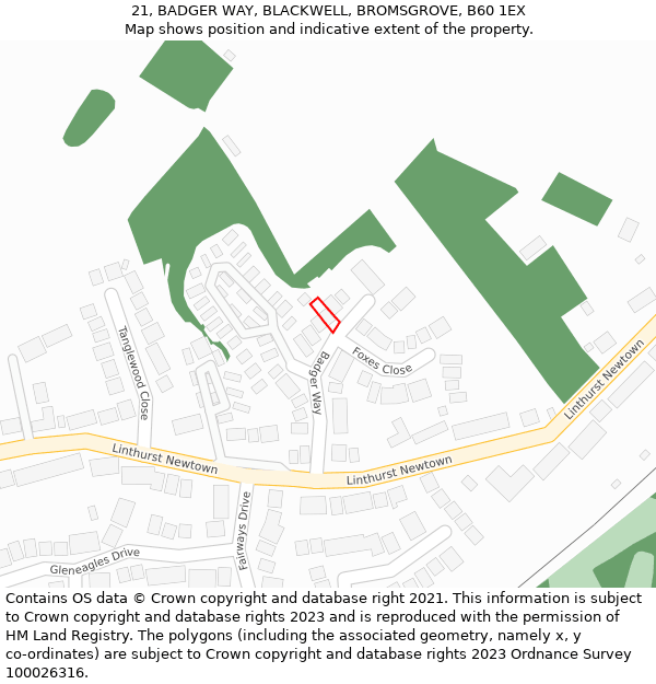 21, BADGER WAY, BLACKWELL, BROMSGROVE, B60 1EX: Location map and indicative extent of plot