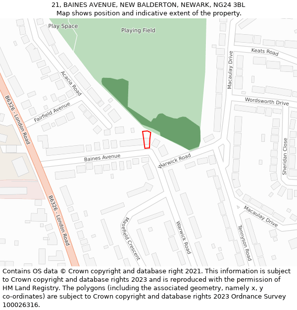 21, BAINES AVENUE, NEW BALDERTON, NEWARK, NG24 3BL: Location map and indicative extent of plot