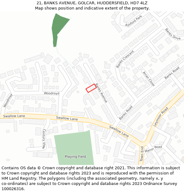 21, BANKS AVENUE, GOLCAR, HUDDERSFIELD, HD7 4LZ: Location map and indicative extent of plot