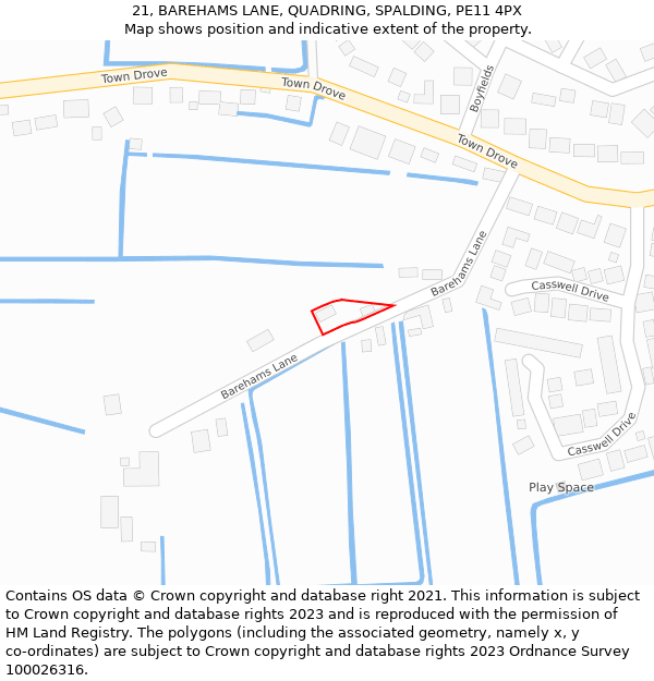 21, BAREHAMS LANE, QUADRING, SPALDING, PE11 4PX: Location map and indicative extent of plot