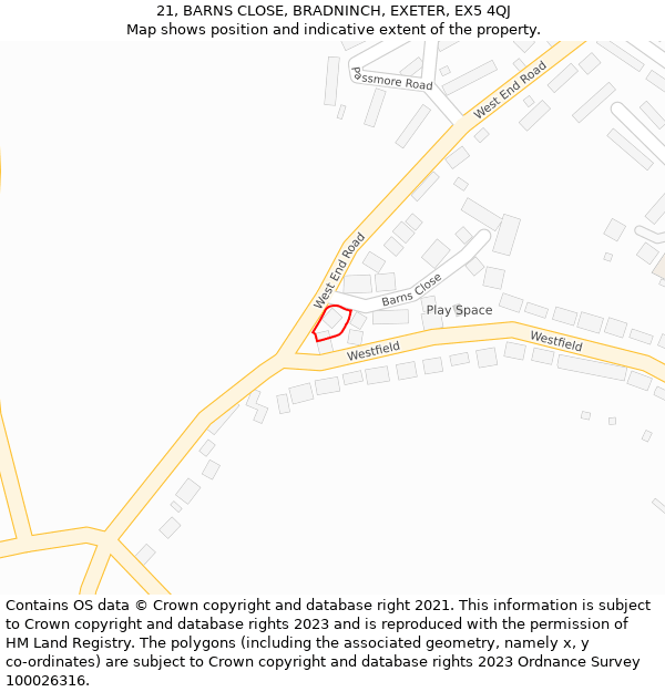 21, BARNS CLOSE, BRADNINCH, EXETER, EX5 4QJ: Location map and indicative extent of plot