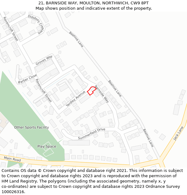 21, BARNSIDE WAY, MOULTON, NORTHWICH, CW9 8PT: Location map and indicative extent of plot