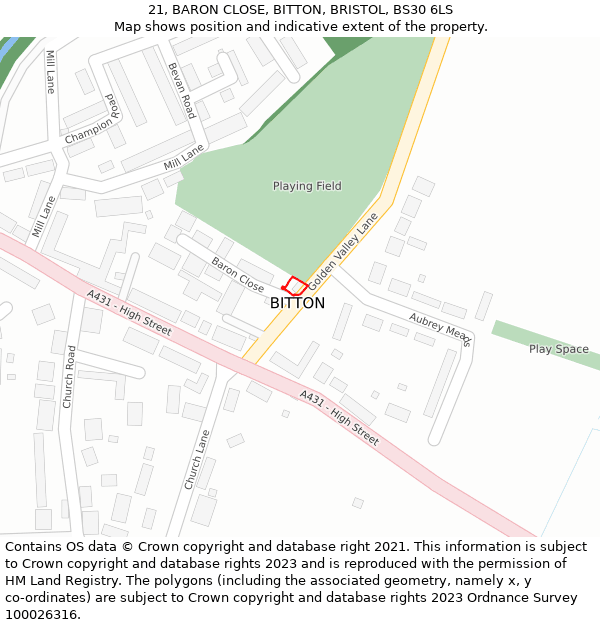 21, BARON CLOSE, BITTON, BRISTOL, BS30 6LS: Location map and indicative extent of plot