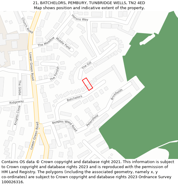 21, BATCHELORS, PEMBURY, TUNBRIDGE WELLS, TN2 4ED: Location map and indicative extent of plot