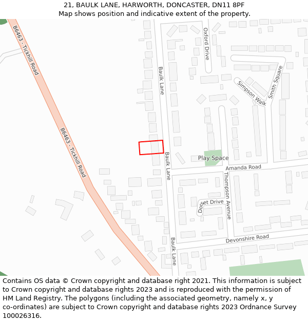 21, BAULK LANE, HARWORTH, DONCASTER, DN11 8PF: Location map and indicative extent of plot