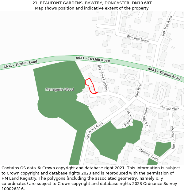 21, BEAUFONT GARDENS, BAWTRY, DONCASTER, DN10 6RT: Location map and indicative extent of plot