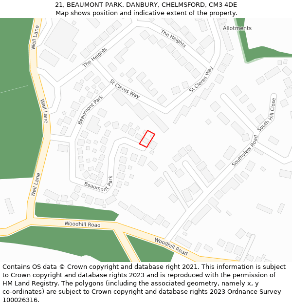 21, BEAUMONT PARK, DANBURY, CHELMSFORD, CM3 4DE: Location map and indicative extent of plot