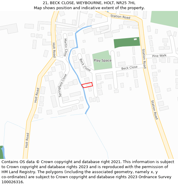 21, BECK CLOSE, WEYBOURNE, HOLT, NR25 7HL: Location map and indicative extent of plot