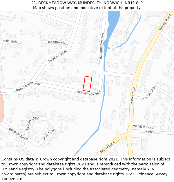 21, BECKMEADOW WAY, MUNDESLEY, NORWICH, NR11 8LP: Location map and indicative extent of plot