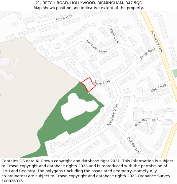 21, BEECH ROAD, HOLLYWOOD, BIRMINGHAM, B47 5QS: Location map and indicative extent of plot