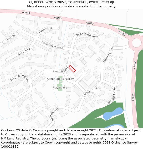 21, BEECH WOOD DRIVE, TONYREFAIL, PORTH, CF39 8JL: Location map and indicative extent of plot