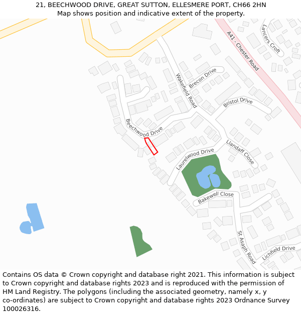 21, BEECHWOOD DRIVE, GREAT SUTTON, ELLESMERE PORT, CH66 2HN: Location map and indicative extent of plot