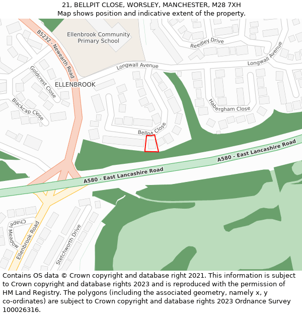 21, BELLPIT CLOSE, WORSLEY, MANCHESTER, M28 7XH: Location map and indicative extent of plot