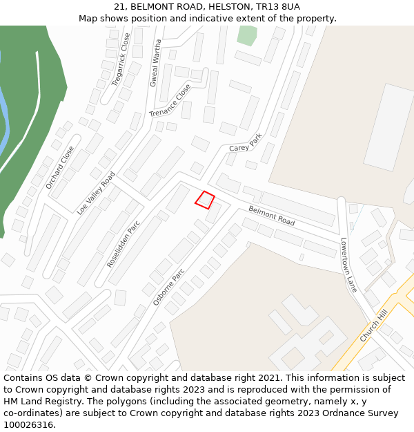 21, BELMONT ROAD, HELSTON, TR13 8UA: Location map and indicative extent of plot