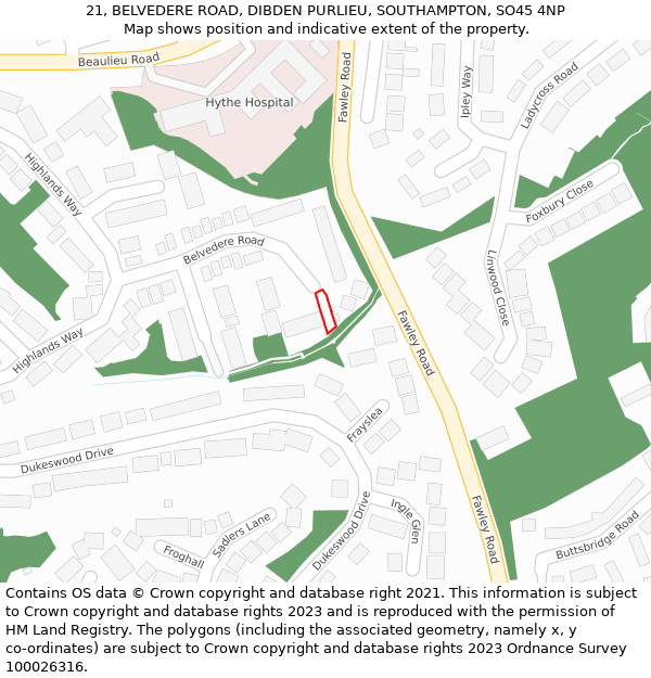 21, BELVEDERE ROAD, DIBDEN PURLIEU, SOUTHAMPTON, SO45 4NP: Location map and indicative extent of plot