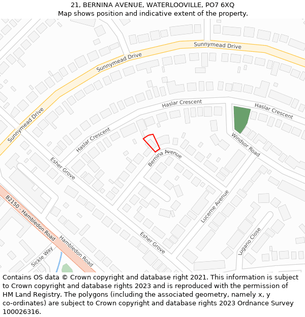 21, BERNINA AVENUE, WATERLOOVILLE, PO7 6XQ: Location map and indicative extent of plot