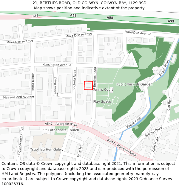 21, BERTHES ROAD, OLD COLWYN, COLWYN BAY, LL29 9SD: Location map and indicative extent of plot