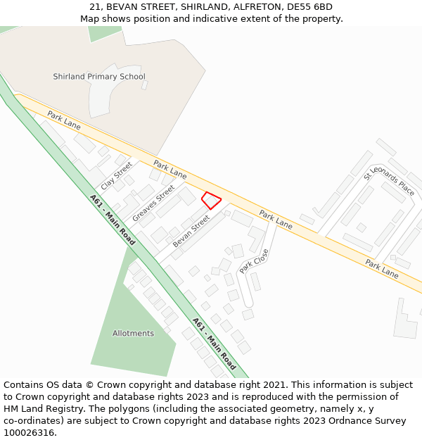 21, BEVAN STREET, SHIRLAND, ALFRETON, DE55 6BD: Location map and indicative extent of plot