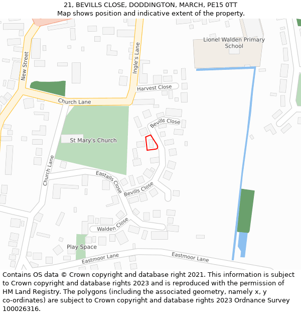 21, BEVILLS CLOSE, DODDINGTON, MARCH, PE15 0TT: Location map and indicative extent of plot