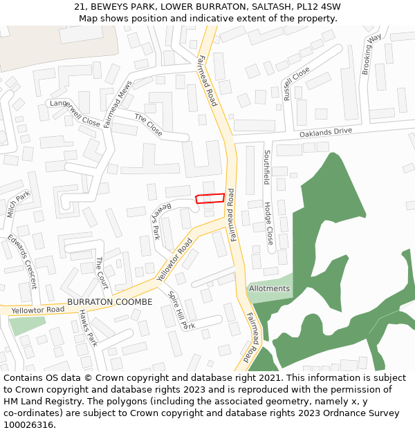 21, BEWEYS PARK, LOWER BURRATON, SALTASH, PL12 4SW: Location map and indicative extent of plot