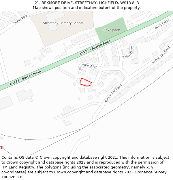 21, BEXMORE DRIVE, STREETHAY, LICHFIELD, WS13 8LB: Location map and indicative extent of plot