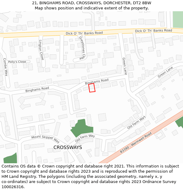 21, BINGHAMS ROAD, CROSSWAYS, DORCHESTER, DT2 8BW: Location map and indicative extent of plot