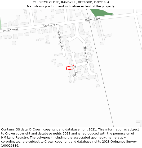 21, BIRCH CLOSE, RANSKILL, RETFORD, DN22 8LA: Location map and indicative extent of plot