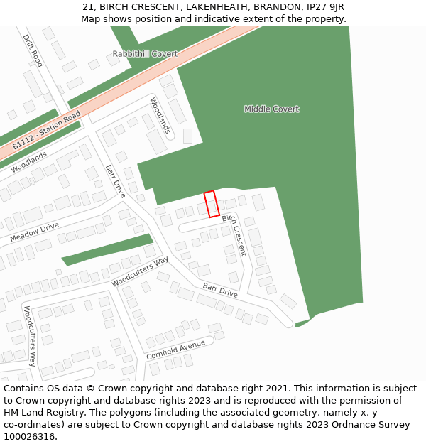 21, BIRCH CRESCENT, LAKENHEATH, BRANDON, IP27 9JR: Location map and indicative extent of plot